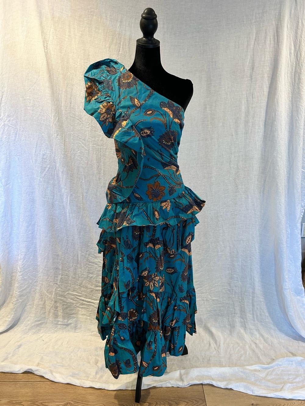 Ulla Johnson Teal One-Shoulder Floral Ruffle Dress